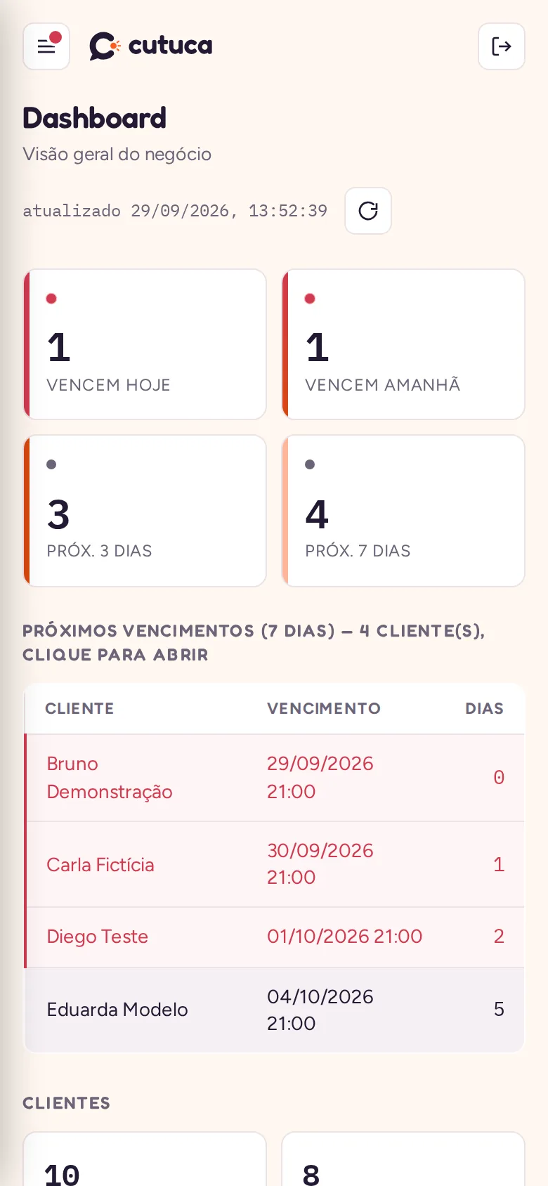 Tela de dashboard com vencimentos da semana